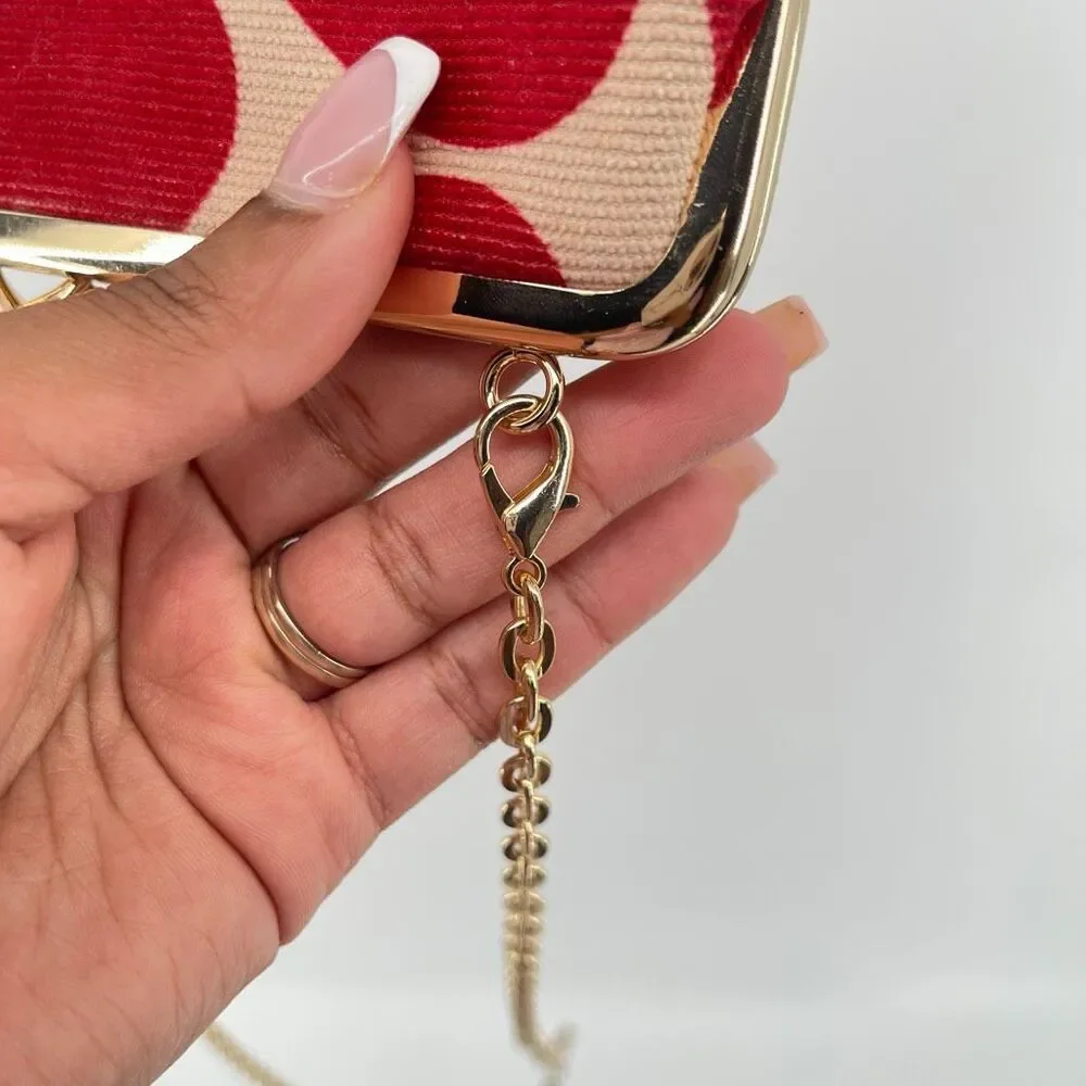 Heart Print Kiss Lock Clutch Crossbody Bag Red Cream Gold Chain Canvas Romantic